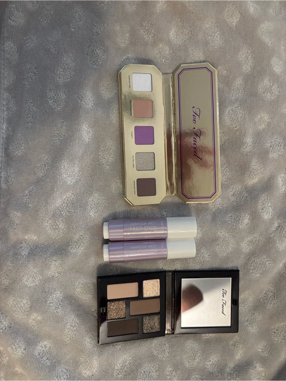 2 Too Faced  Eyeshadow Palettes  & 2 Tarte Maracuja Juicy Lip & Cheek Sticks